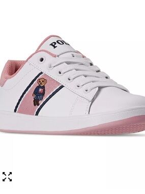 EUC Polo by Ralph Lauren White Sneaker with Pink Bear Accent; Size 13